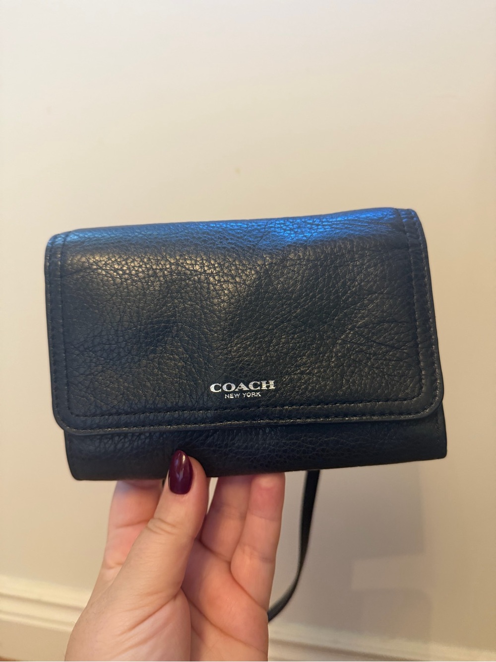 Coach Black Pebbled Leather Compact Wallet Crossbody Bag